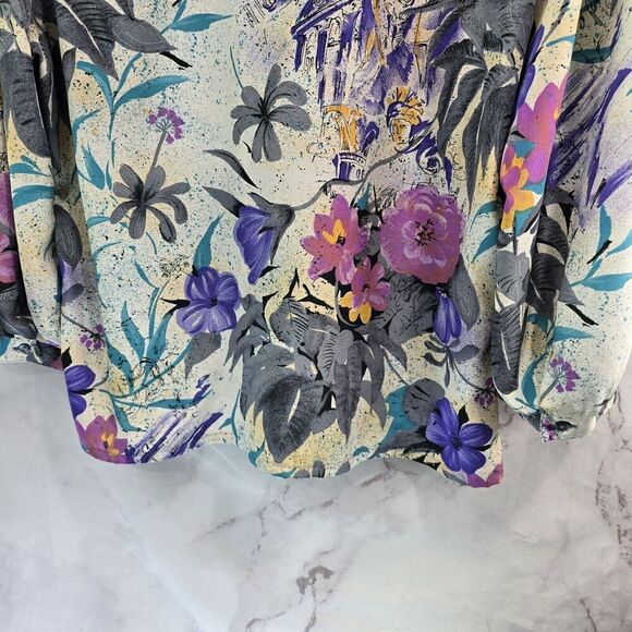 Vintage Blouse Womens Large 80s 90s Purple Blue Floral Long Sleeve Button Artsy - Picture 7 of 11